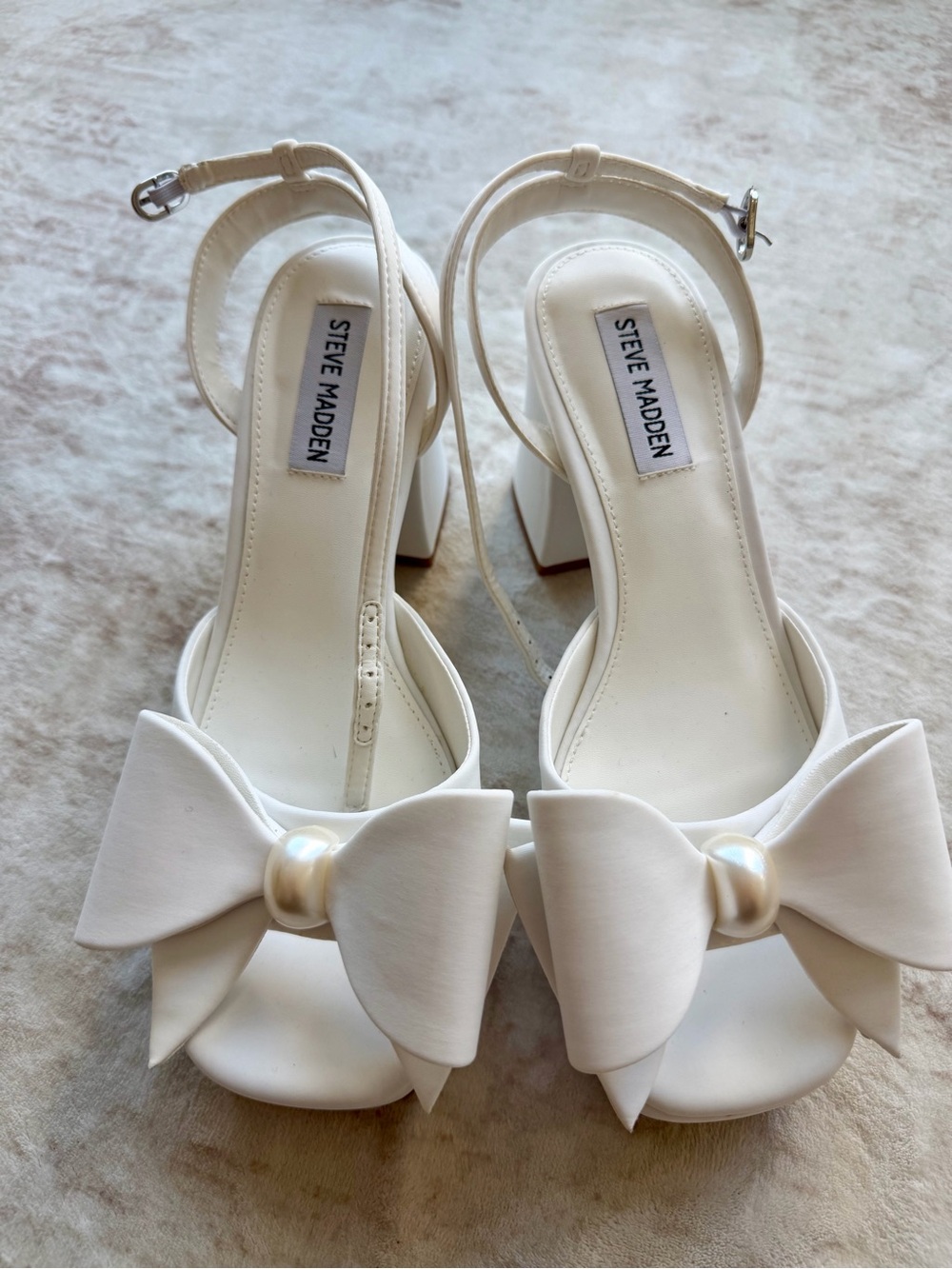 Steve Madden White Bow Block Heel Sandals with Pearl Accent